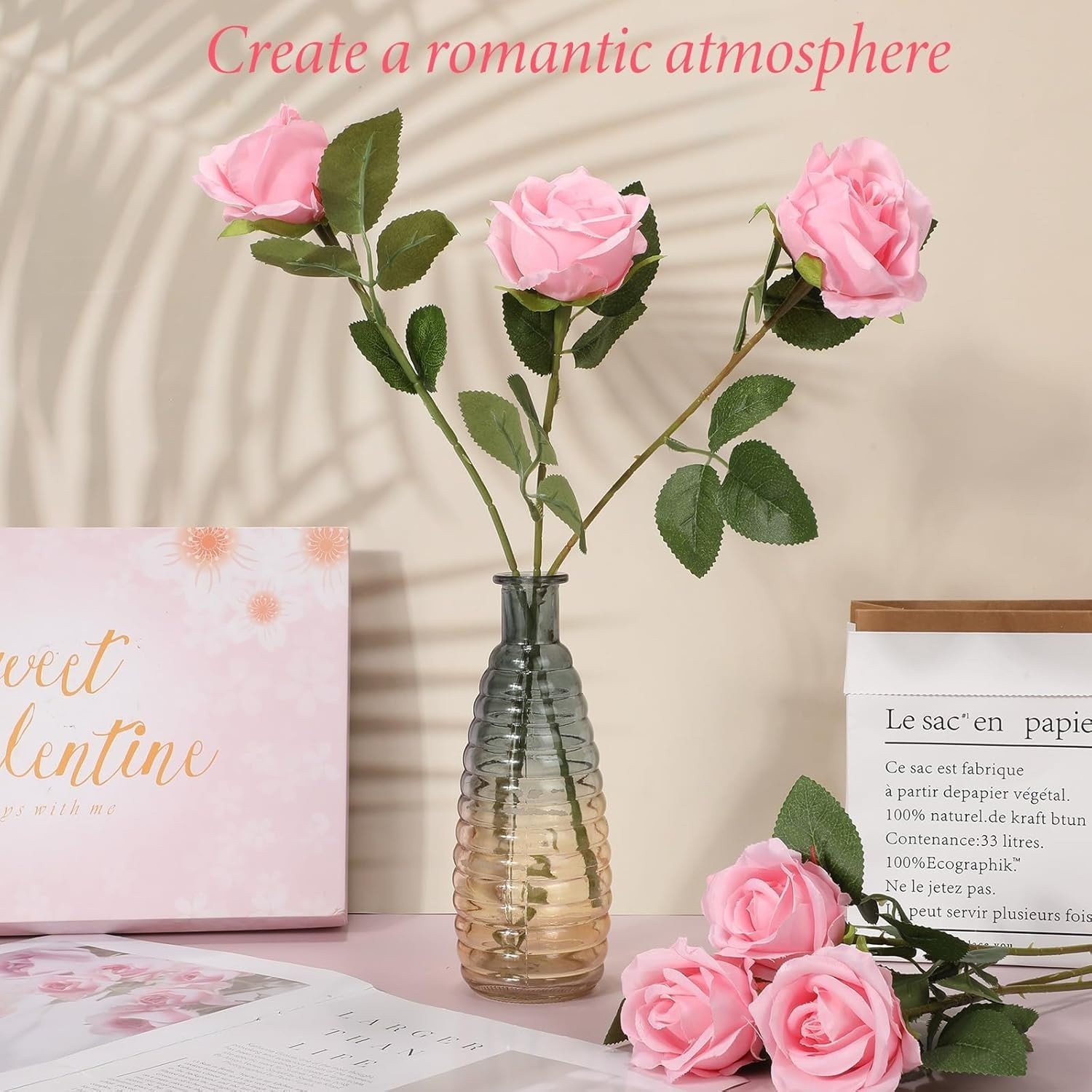20 Pcs Artificial Rose Flowers with Long Stem, Pink