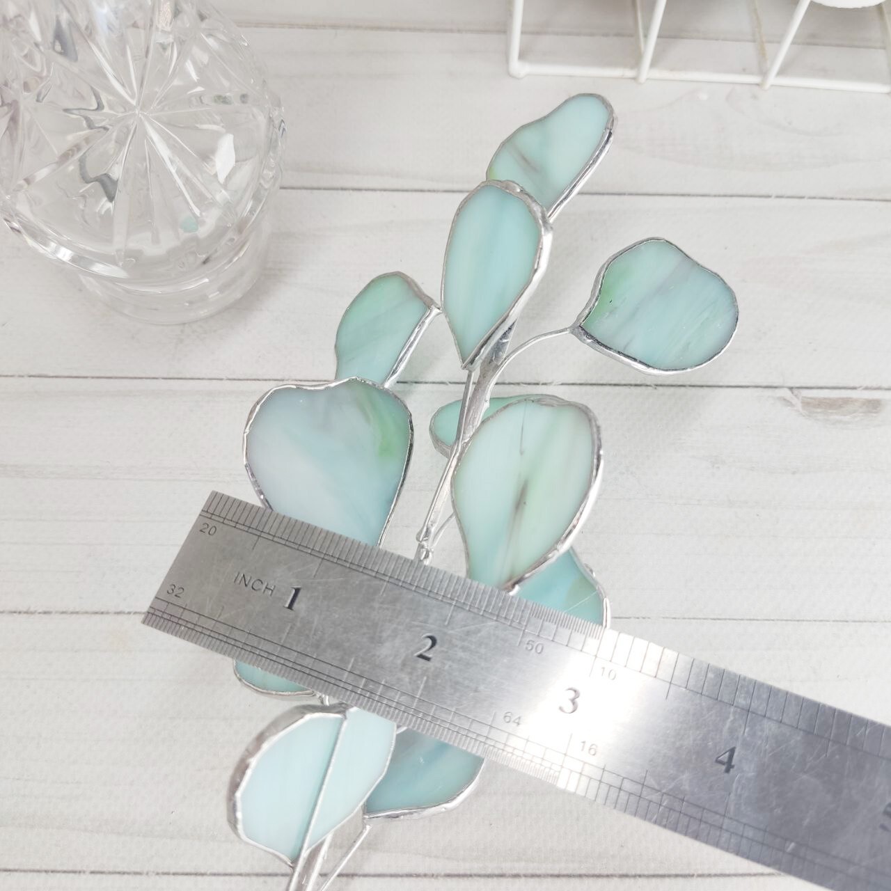Stained glass eucalyptus branch, glass eucalyptus, plant stake for vase or garde