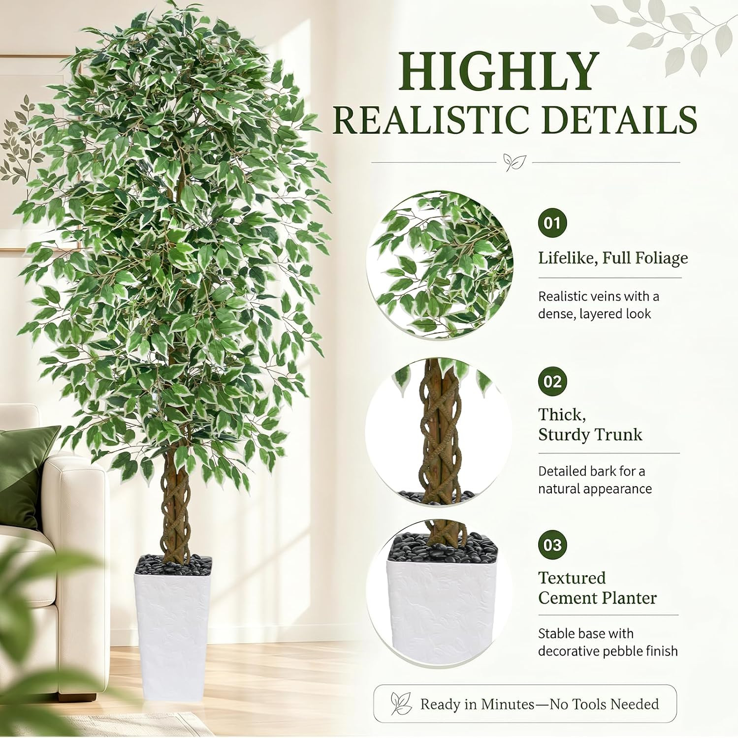 Artificial Ficus Tree, 7FT Faux Plants Indoor White Planter | Lifelike Green Lea