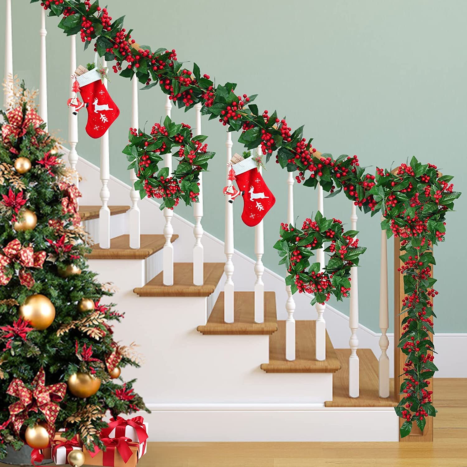 5.8Ft Christmas Red Berries & Holly Garland Foliage Xmas Fireplace Home Decor US