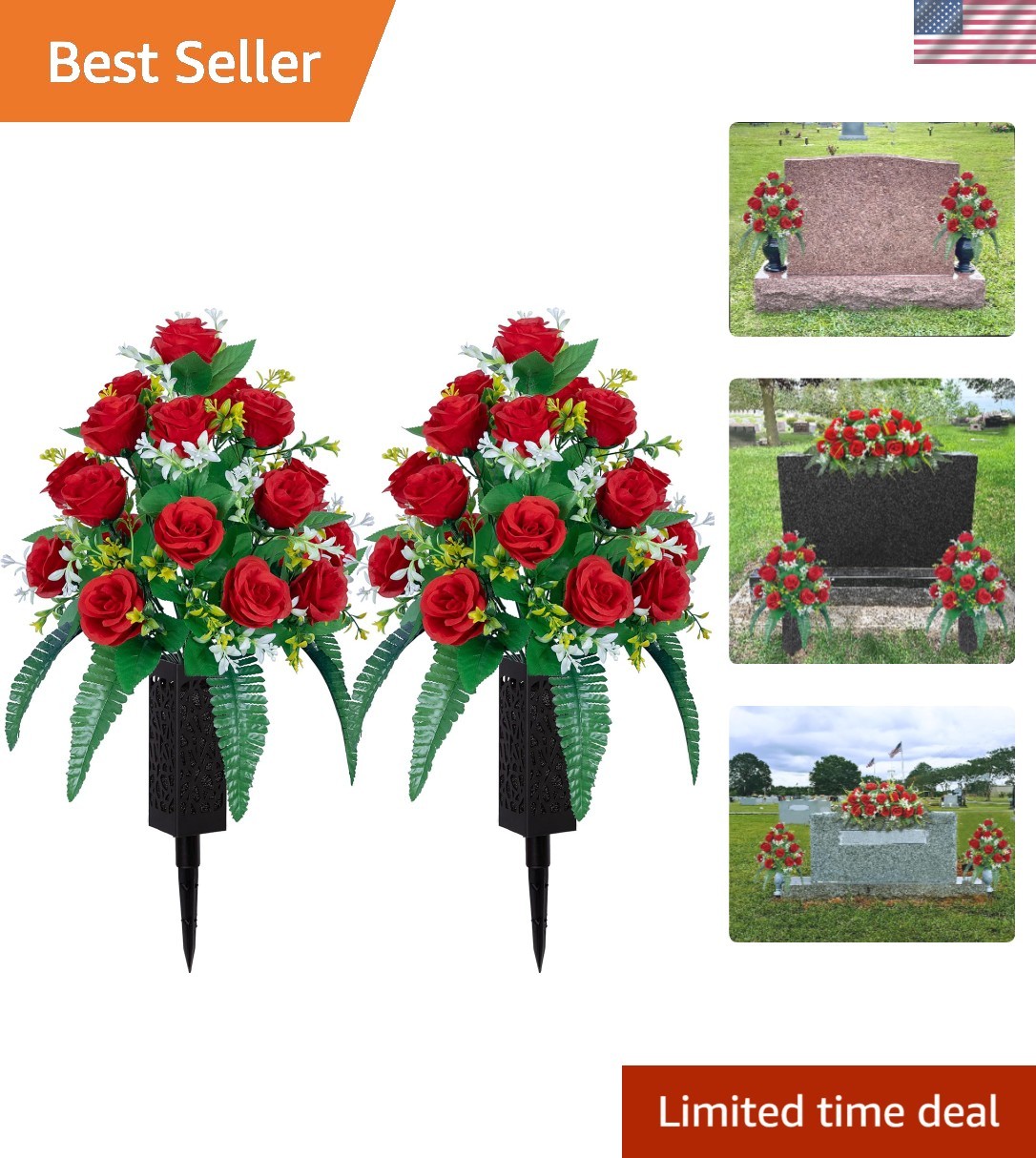 2 Sets of Artificial Cemetery Flowers， Outdoor Grave Decorations Roses，Accomp…