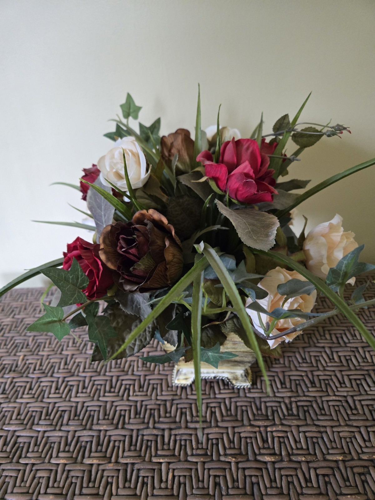Vintage Rose Floral Arrangement in Footed Metal Pot 12″ Tall Rustic Farmhouse