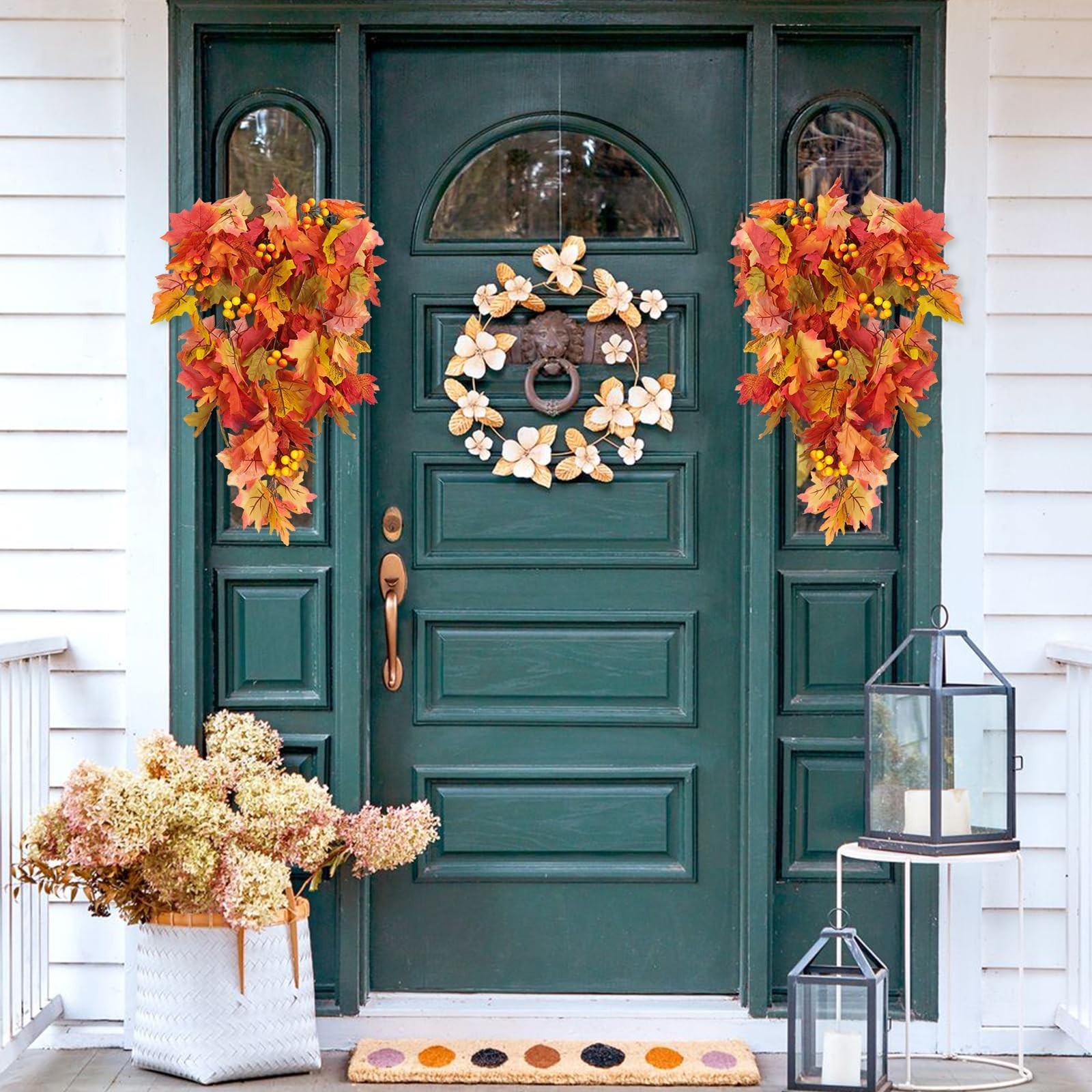 Artificial Fall Leaves Garland with Berries – 2Pcs Orange Maple Vine Decor for T