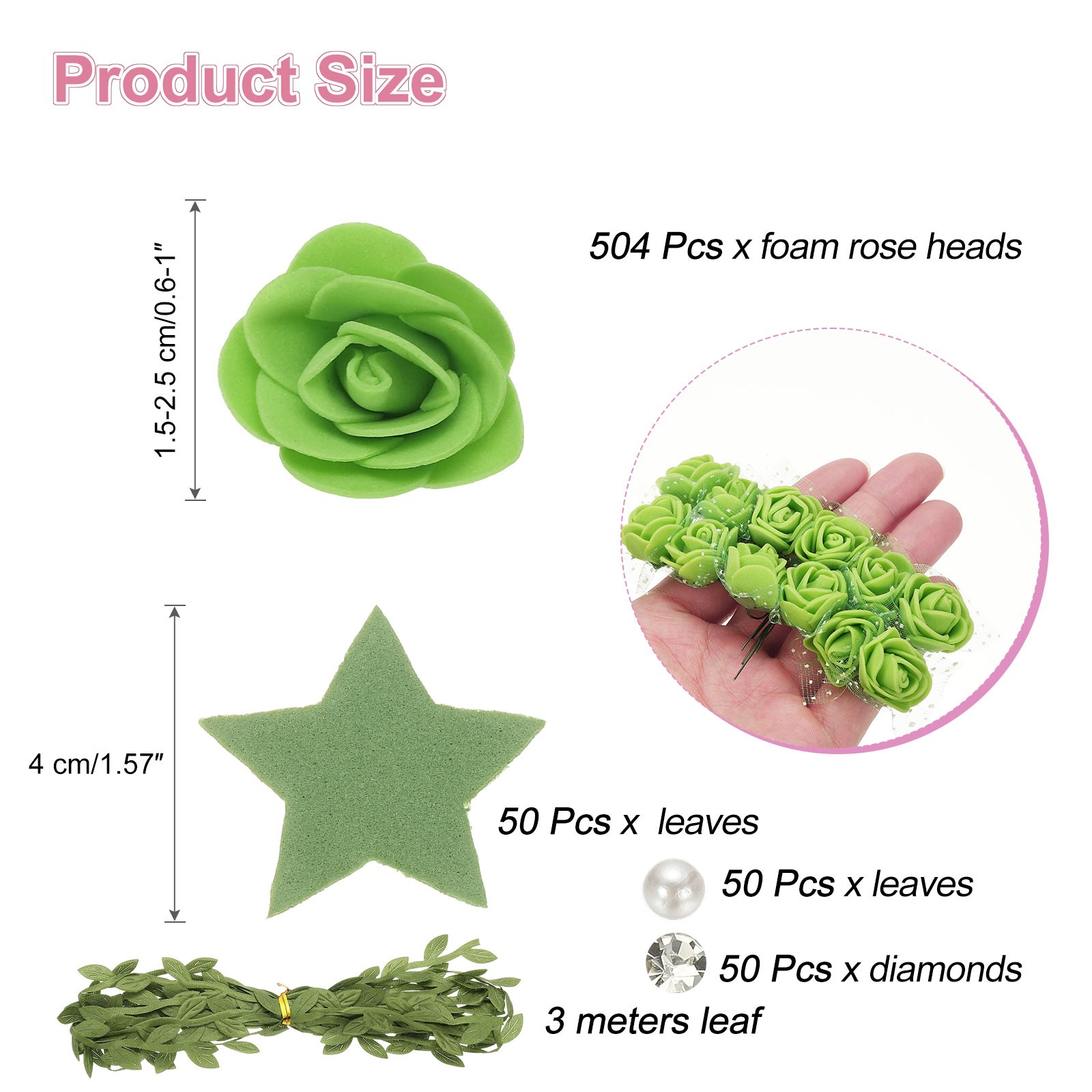 504pcs Foam Rose Heads 1.5-2.5 cm for DIY Crafts Accessories, Green
