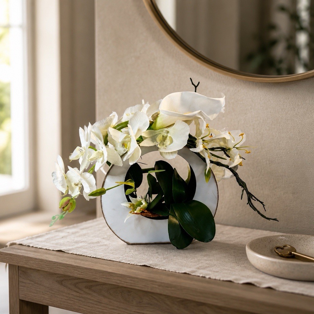 White Silk Floral Arrangement, Centerpiece contemporary Asian Zen Orchids, Lilly