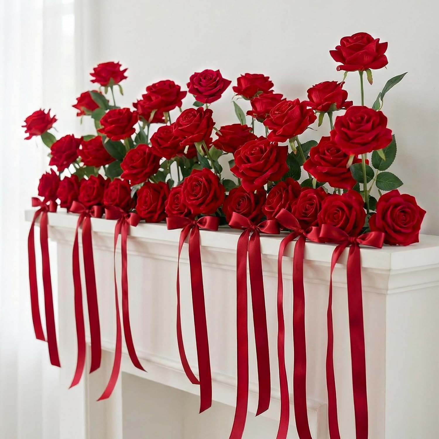 96 PCS Realistic Red Velvet Roses with Bendable Stems for Home & Events
