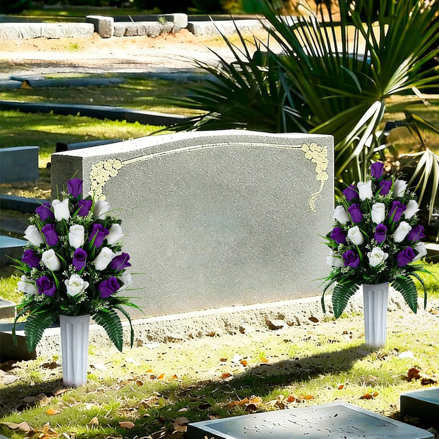 2 Sets Artificial Cemetery Flowers, Grave Decorations Roses, Memorial