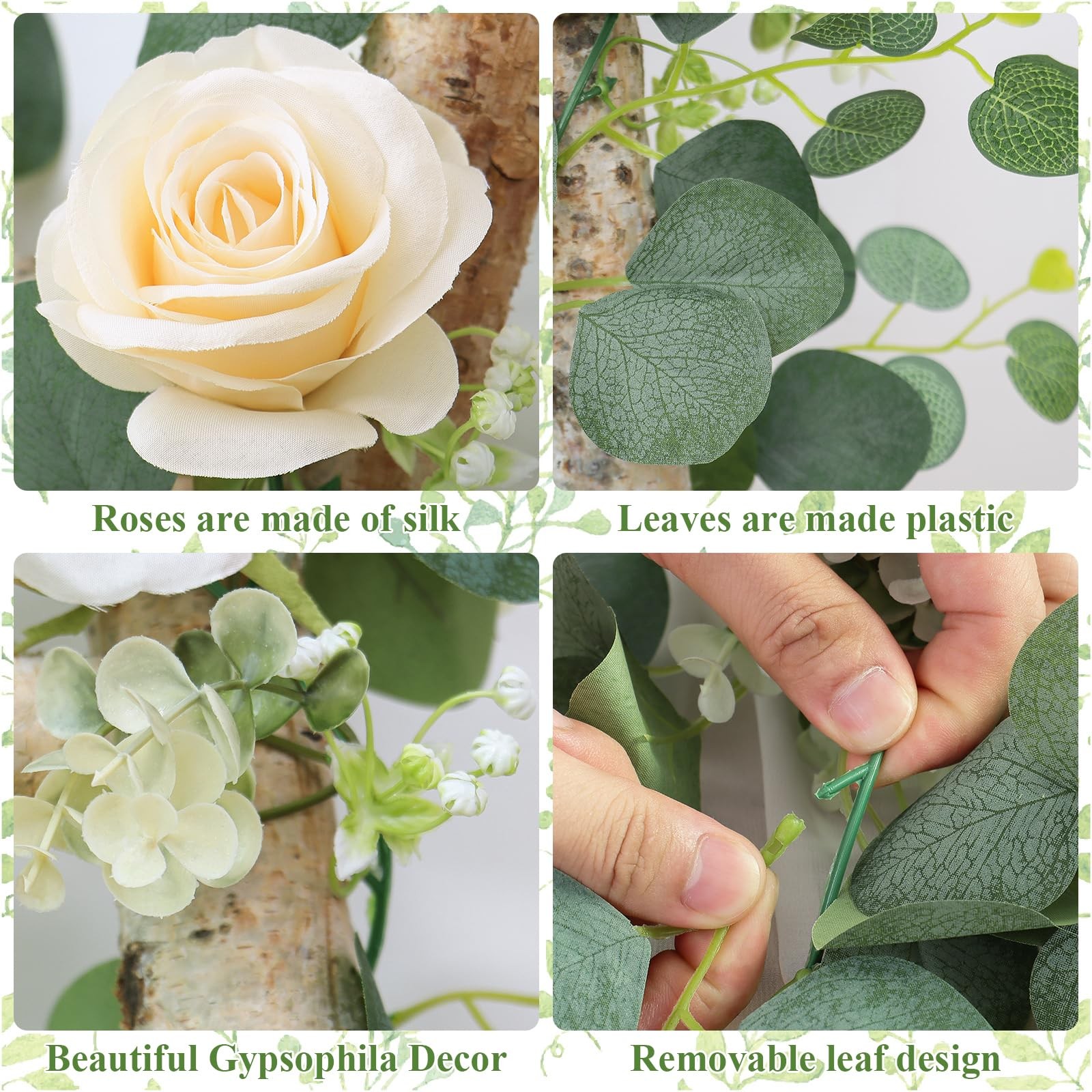 4Pcs(26 Ft) Artificial Eucalyptus Flower Garland with Champagne Rose Flowers,…