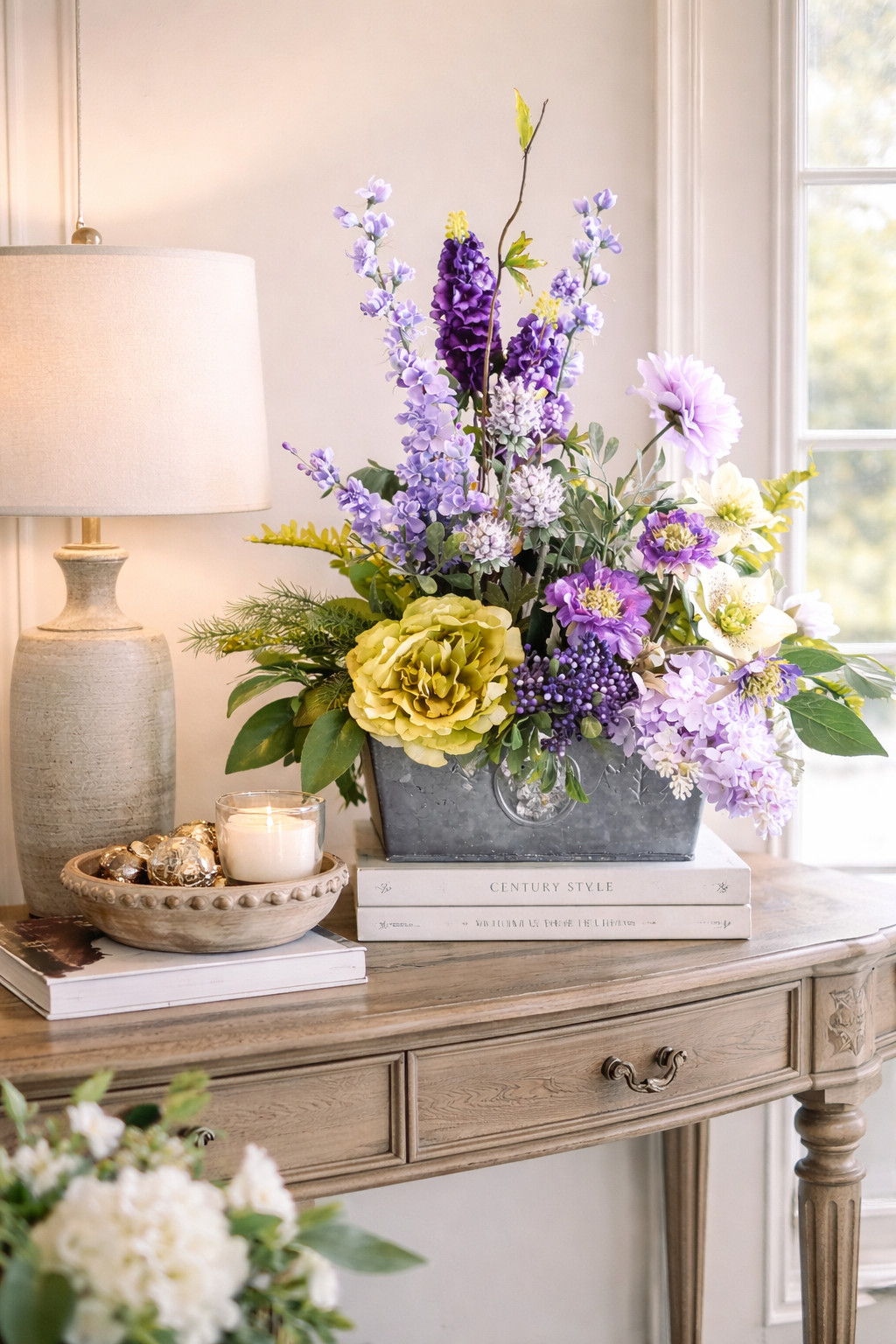 Purple & Lavender Lilac Arrangement in Oblong Silver Container – Peony, Scabiosa