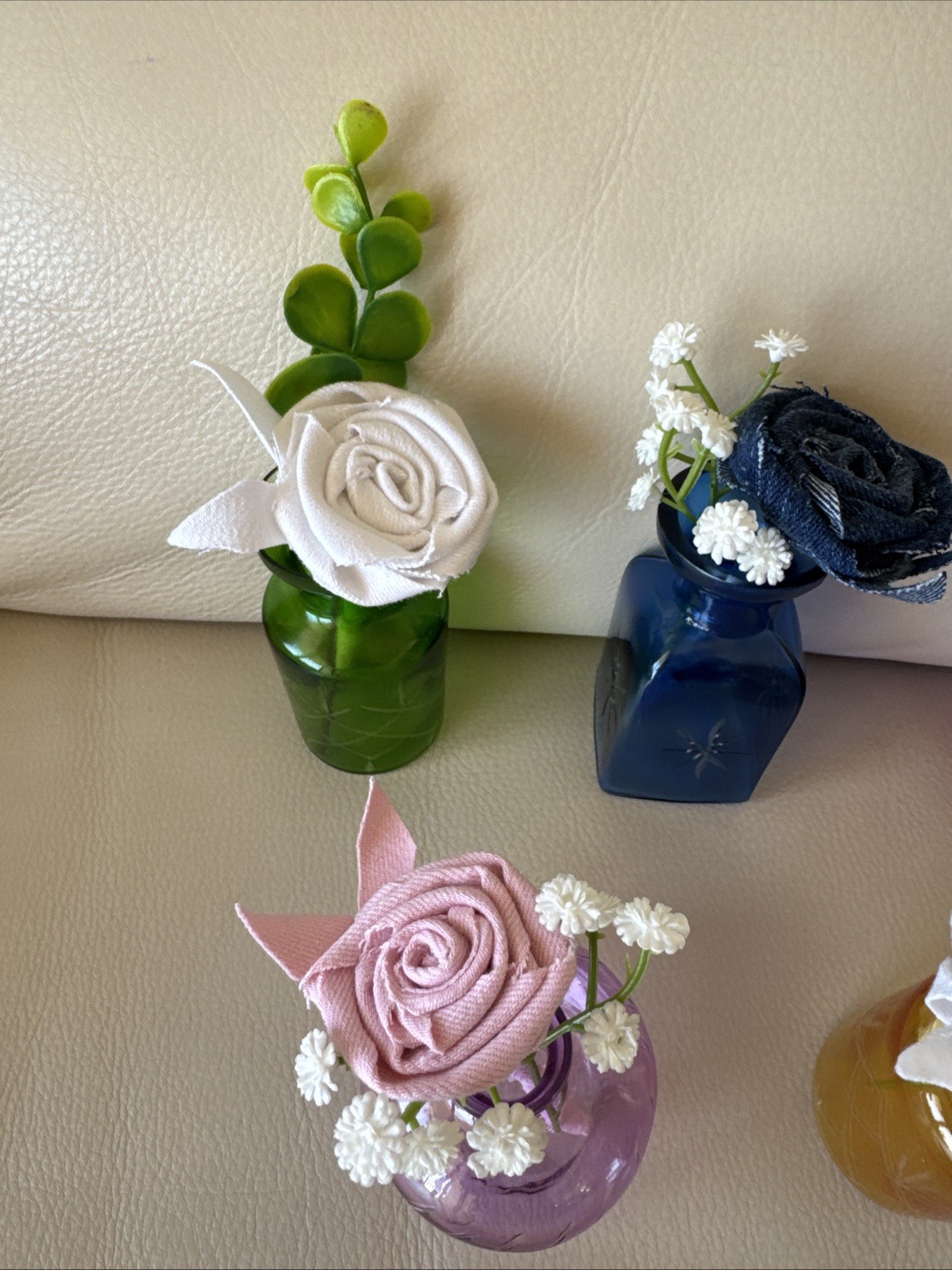 Five Small Upcycled 3 1/2” Vases With Coordinating Colors Handmade Denim Roses