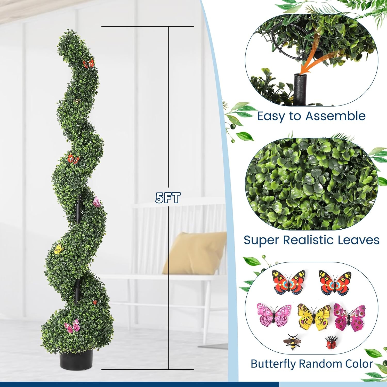 Artificial Spiral Topiary in Weighted Pot Realistic Outdoor Faux Plant for Porch