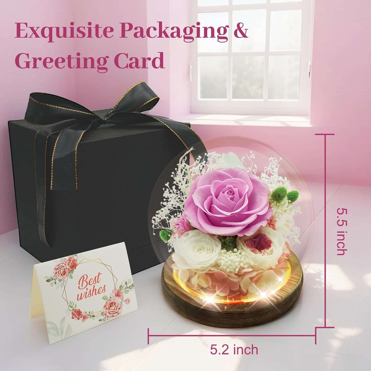 Preserved Rose in Glass Dome Forever Flowers Birthday Gift for Her Special