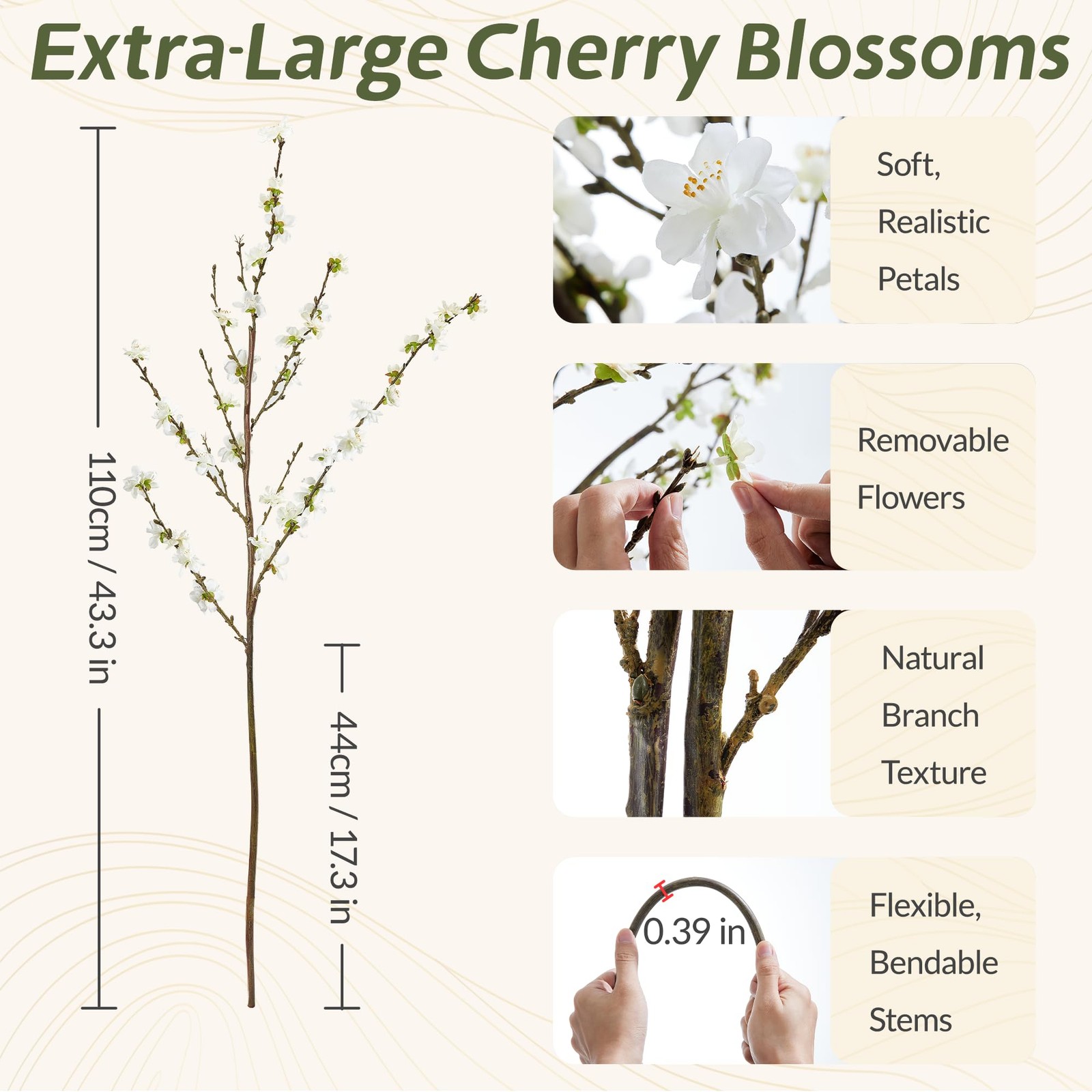 4 PCS 43″ White Realistic Silk Artificial Cherry Blossom Branches Faux Flowers