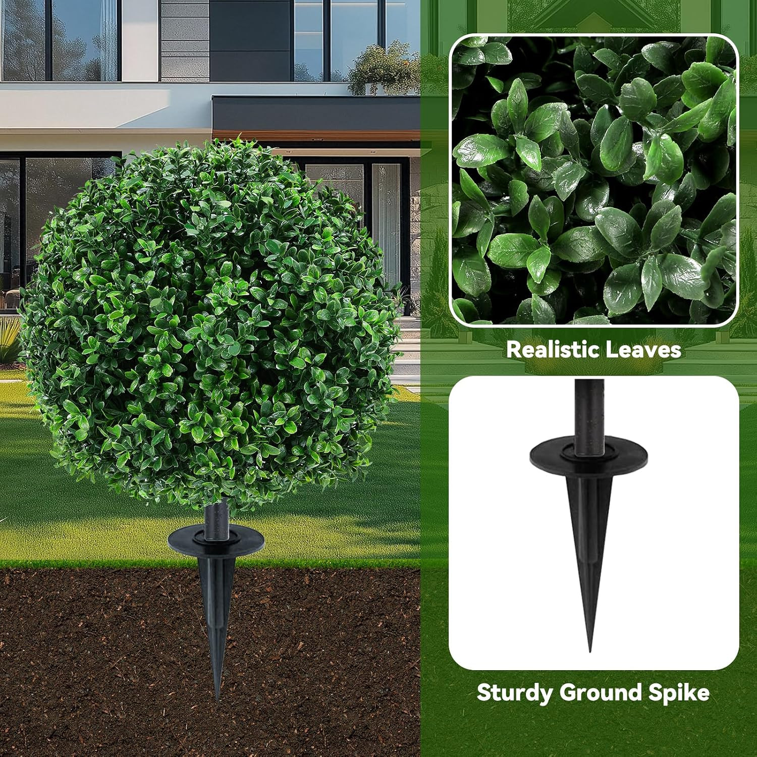 Artificial Boxwood Topiary Ball Trees with Ground Spikes UV Resistant Faux Green