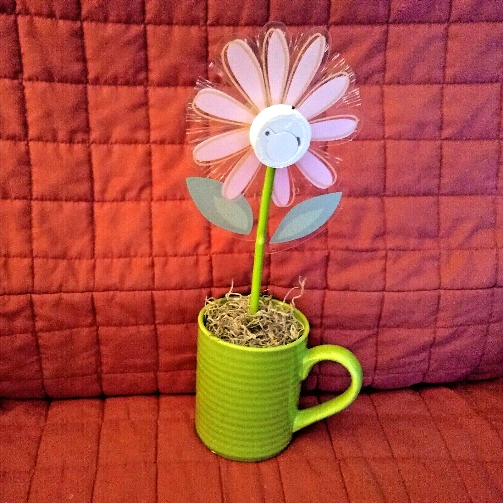 Fiber Optic Color Changing Plastic Flower Daisy in a Green Ceramic Mug Pot