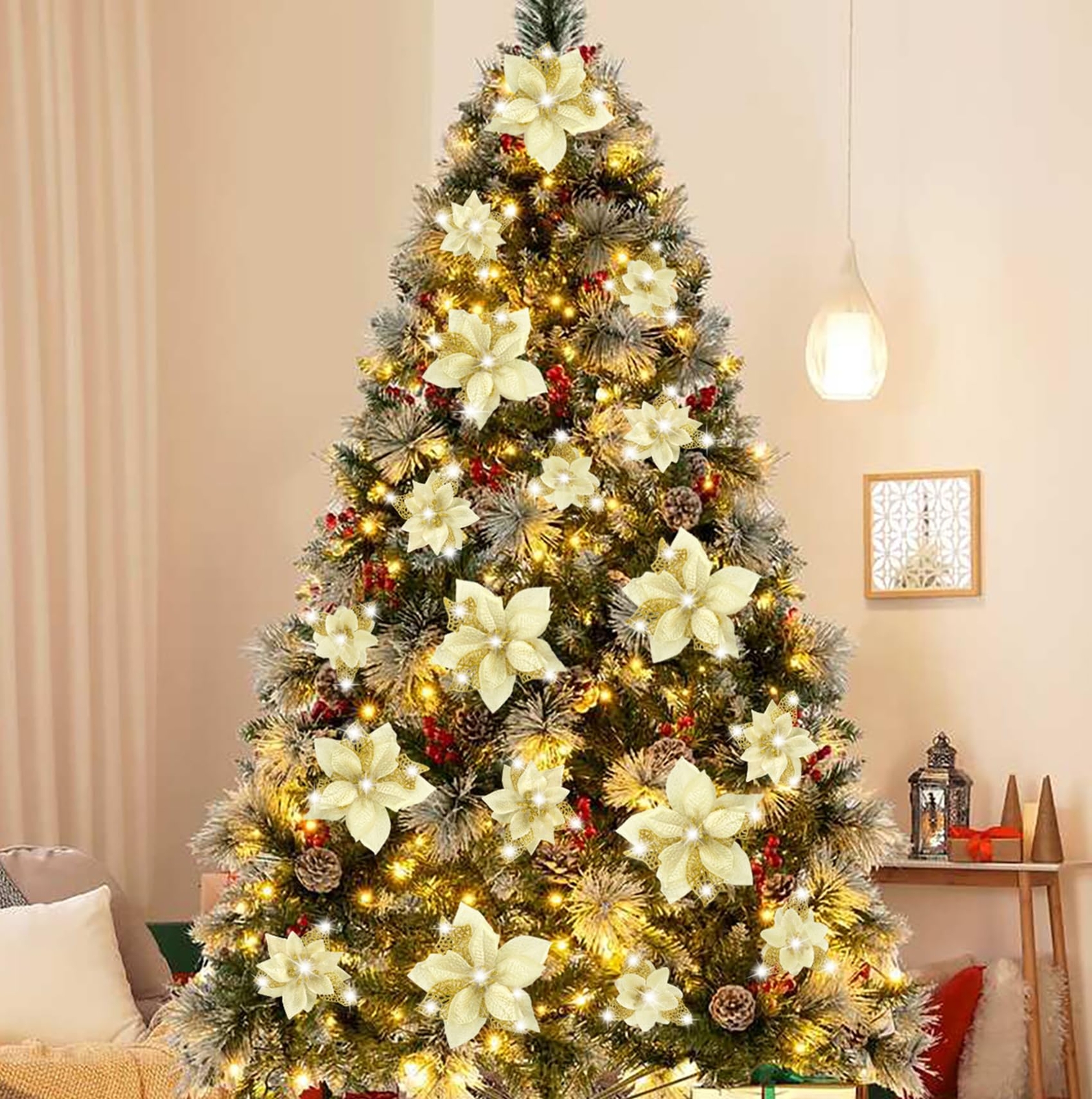 Christmas Poinsettia Decorations 28pcs Gold Glitter Tree Ornaments Clips