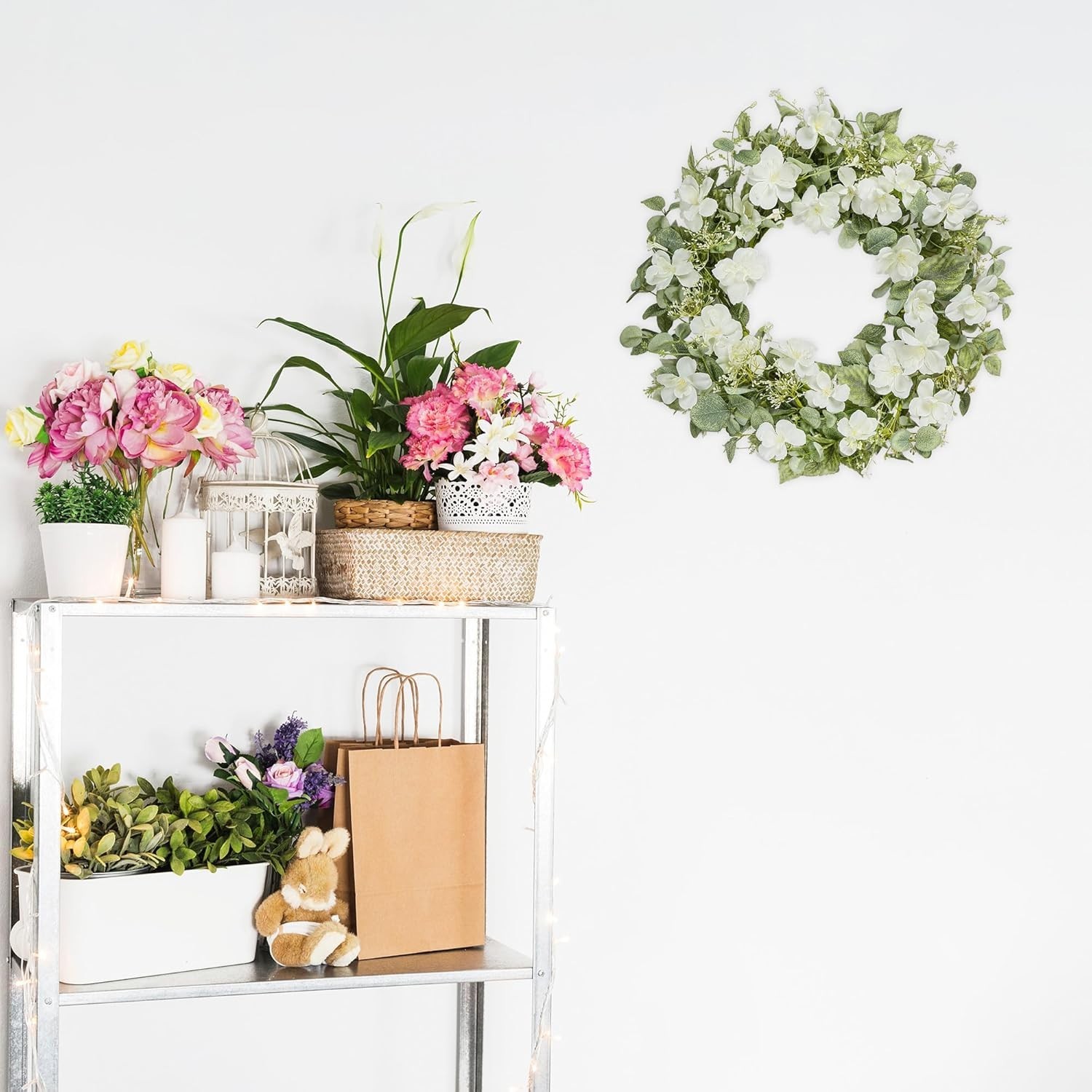 20-Inch Spring & Summer Artificial Floral Wreath with White Roses & Eucalyptus