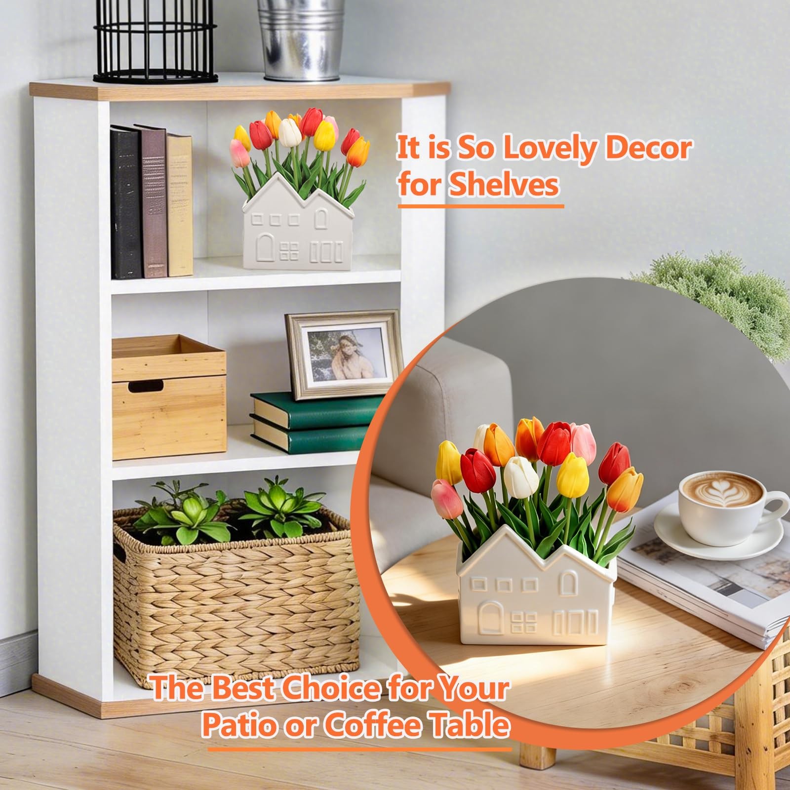 Artificial Tulips Flowers in Ceramic Pot, Real Touch Fake Tulips PU Flower Ar…