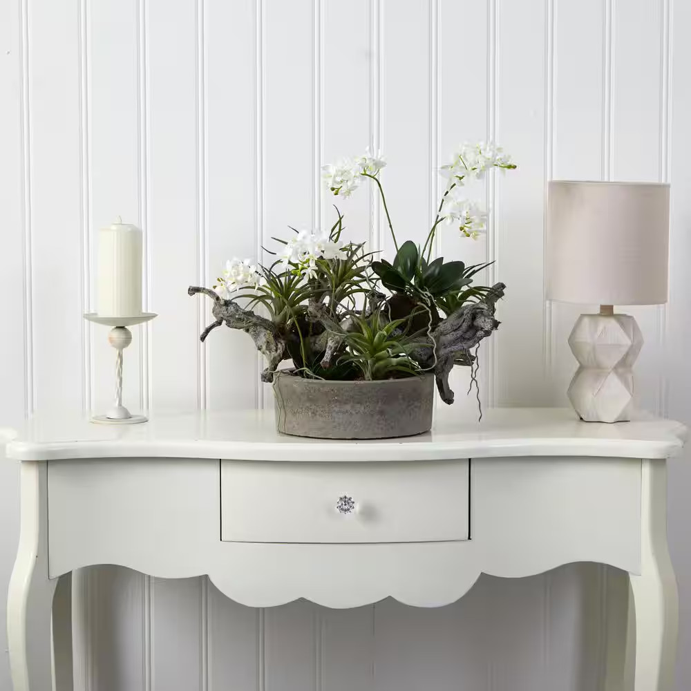 Artificial Orchid and Succulent Garden with Driftwood and Decorative Vase
