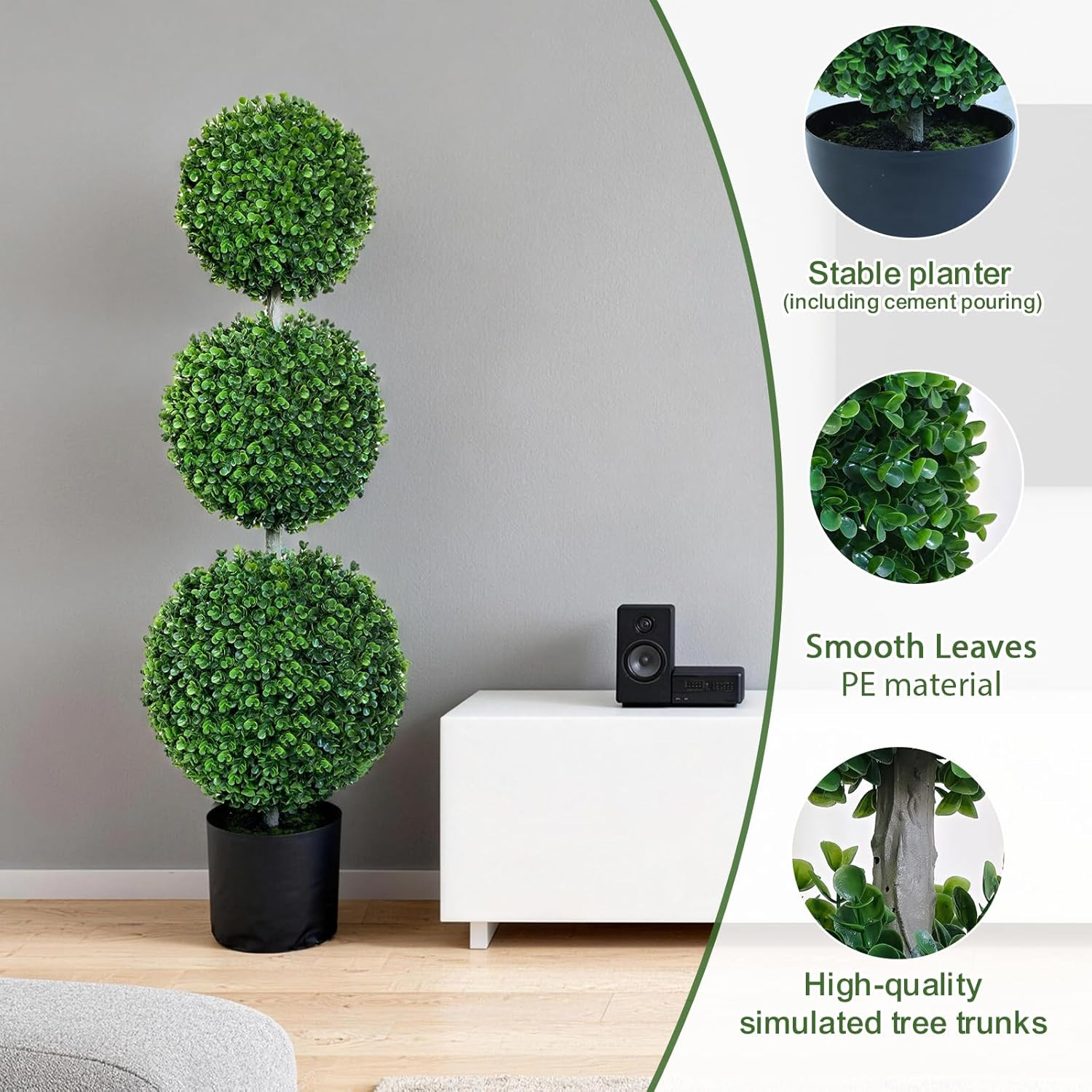 4ft Triple Ball Boxwood Topiary Tree with Black Planter – Indoor/Outdoor Décor