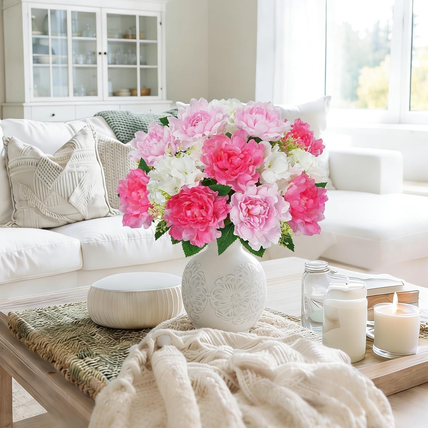 Pink Cemetery Flowers Fake Peonies for Graves 16 Inch Artificial Grave Markers