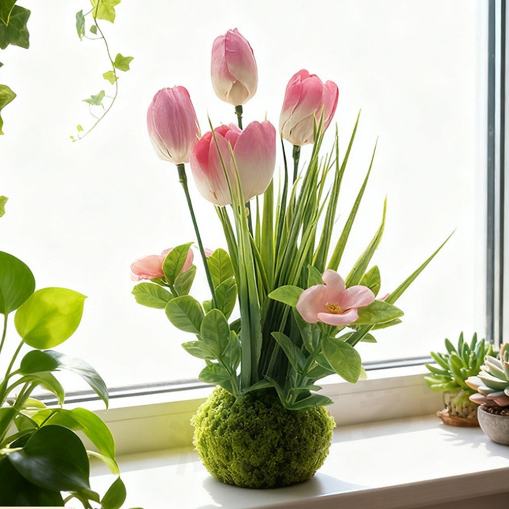 Artificial Pink Tulip in Decorative Moss Ball 7.5cm 23cm for Bookshelf
