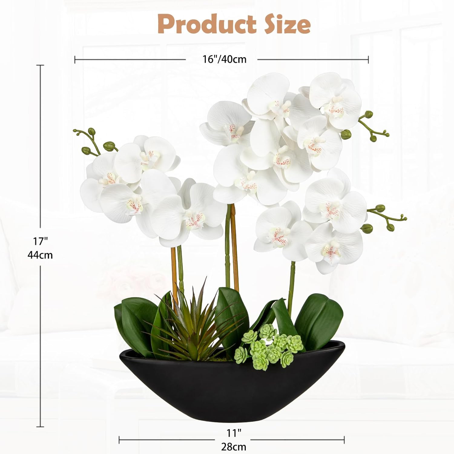 16.1″ White Artificial Orchid Flowers in Black Pot for Home Decor