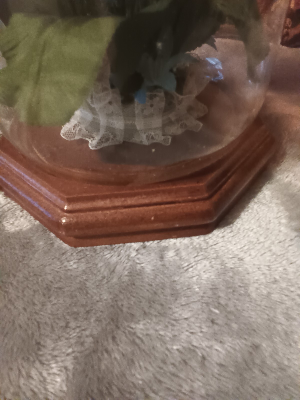 Glass dome blue,green and white artificial flower arrangement,wood base.