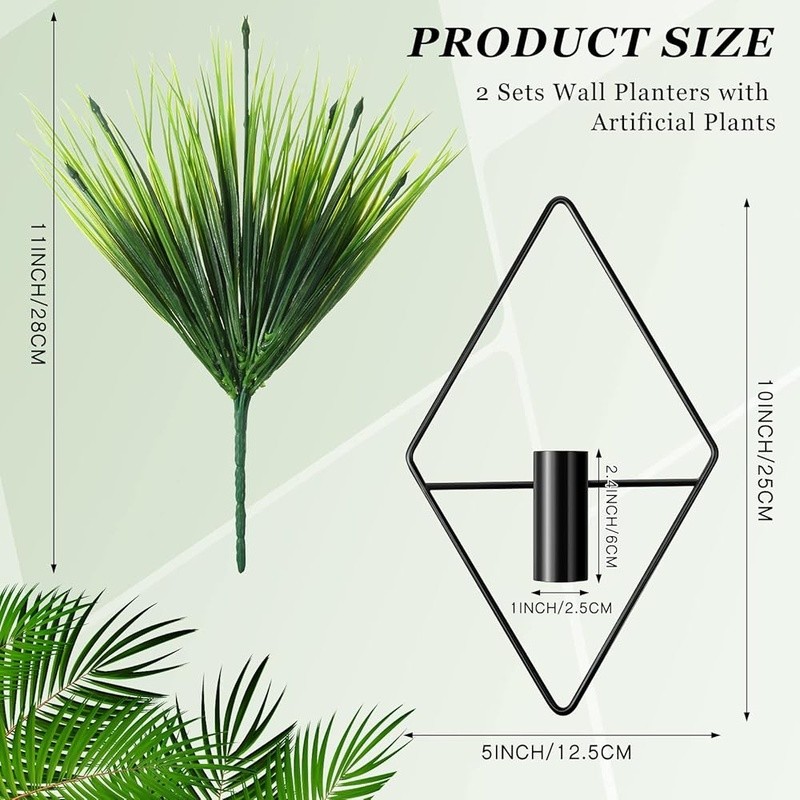 2 Piece Wall Planter Set Metal Hanging Vases W/ Artificial Plants Indoor Decor