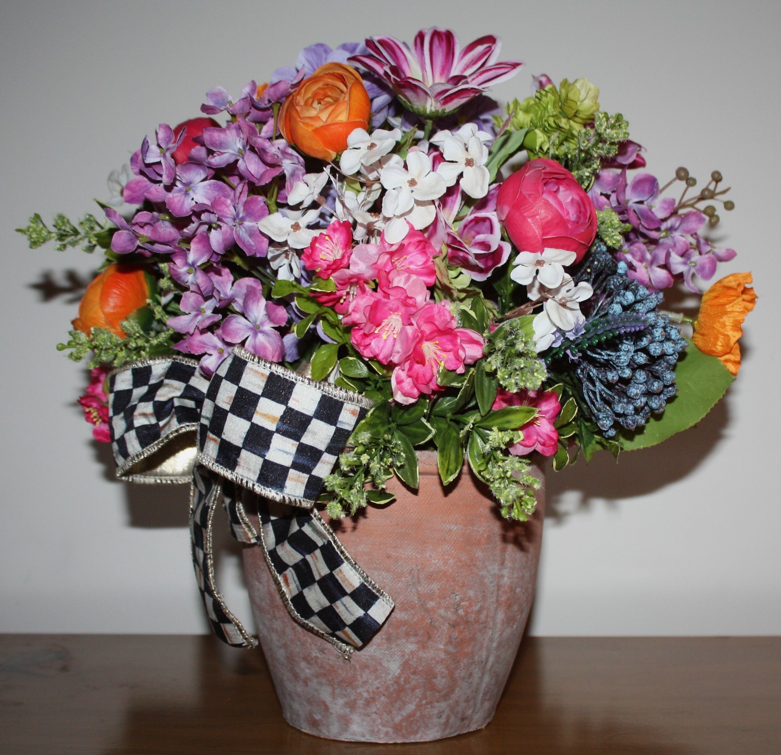 Faux Floral Arrangement In Mossed Terracotta Planter With Mackenzie Childs Bow!