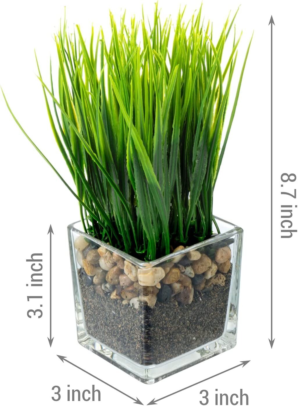 Artificial Grass Plants in Clear Glass Pots w/ Faux Pebbles & Soil, Set of 2