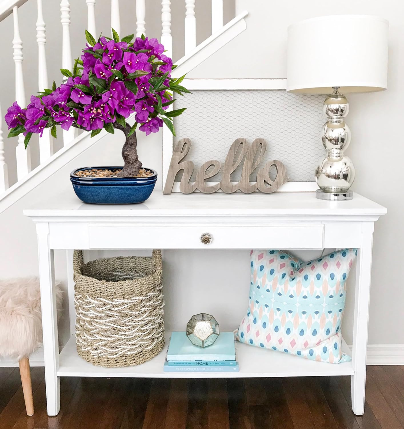 18.5″ Purple Bougainvillea Bonsai Tree in Blue Pot for Home Décor