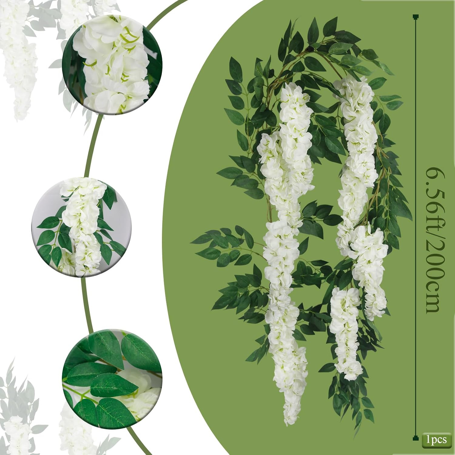 Wisteria Garland Artificial Flowers Floral Vines White 6.56 Ft Silk Fake Wisteri