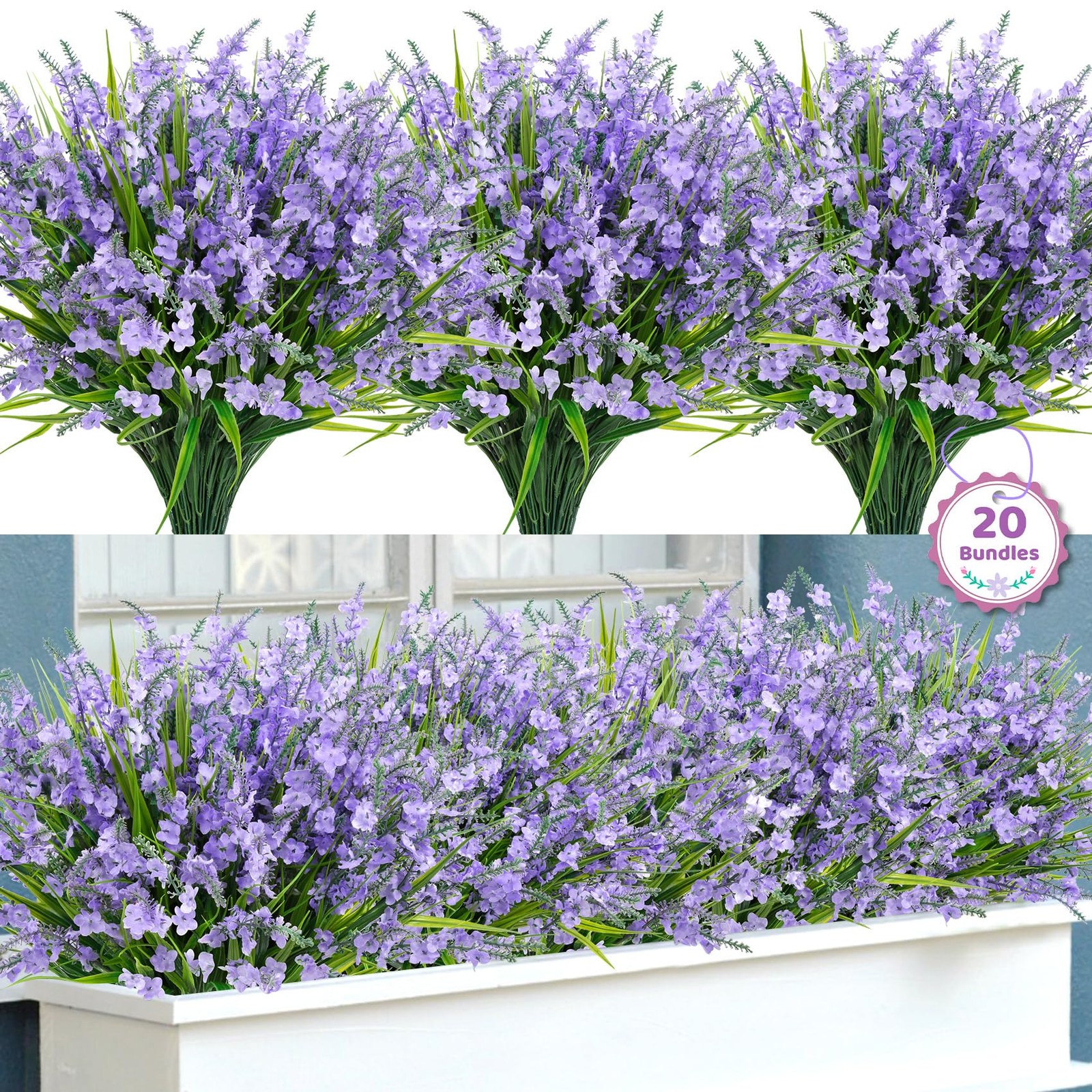 Artificial Lavender Flowers 15.74″ UV Resistant 20 Bundles for Outdoor Garden
