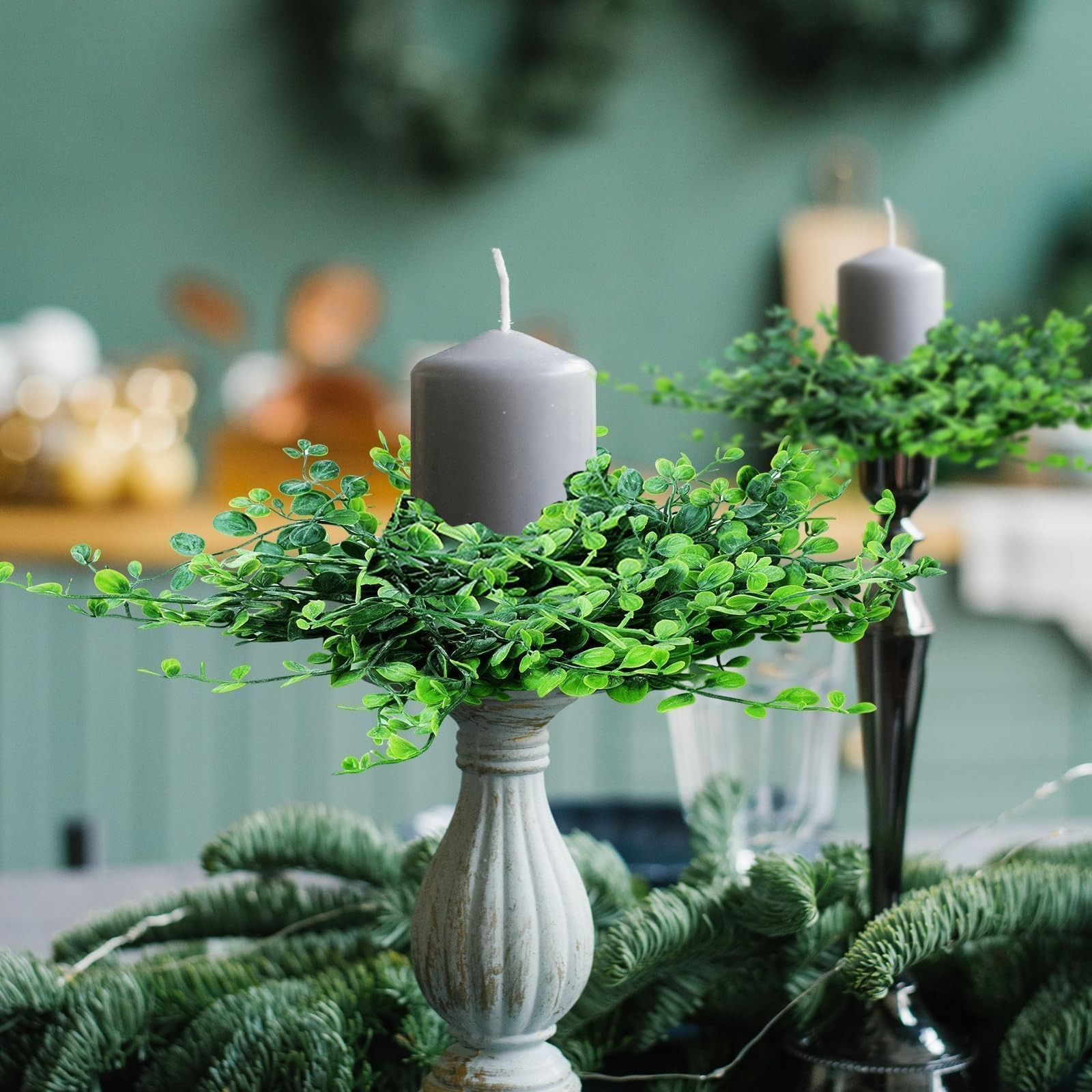 12 Pcs Mini Green Boxwood Candle Rings Wreaths Spring Summer Kitchen Cabinet Swa
