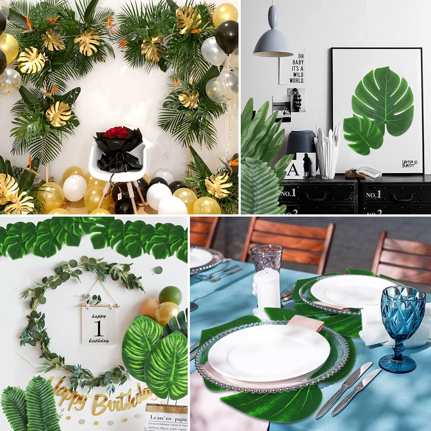 74 Pcs Tropical Artificial Palm Leaves & Monstera for Luau Party Decor