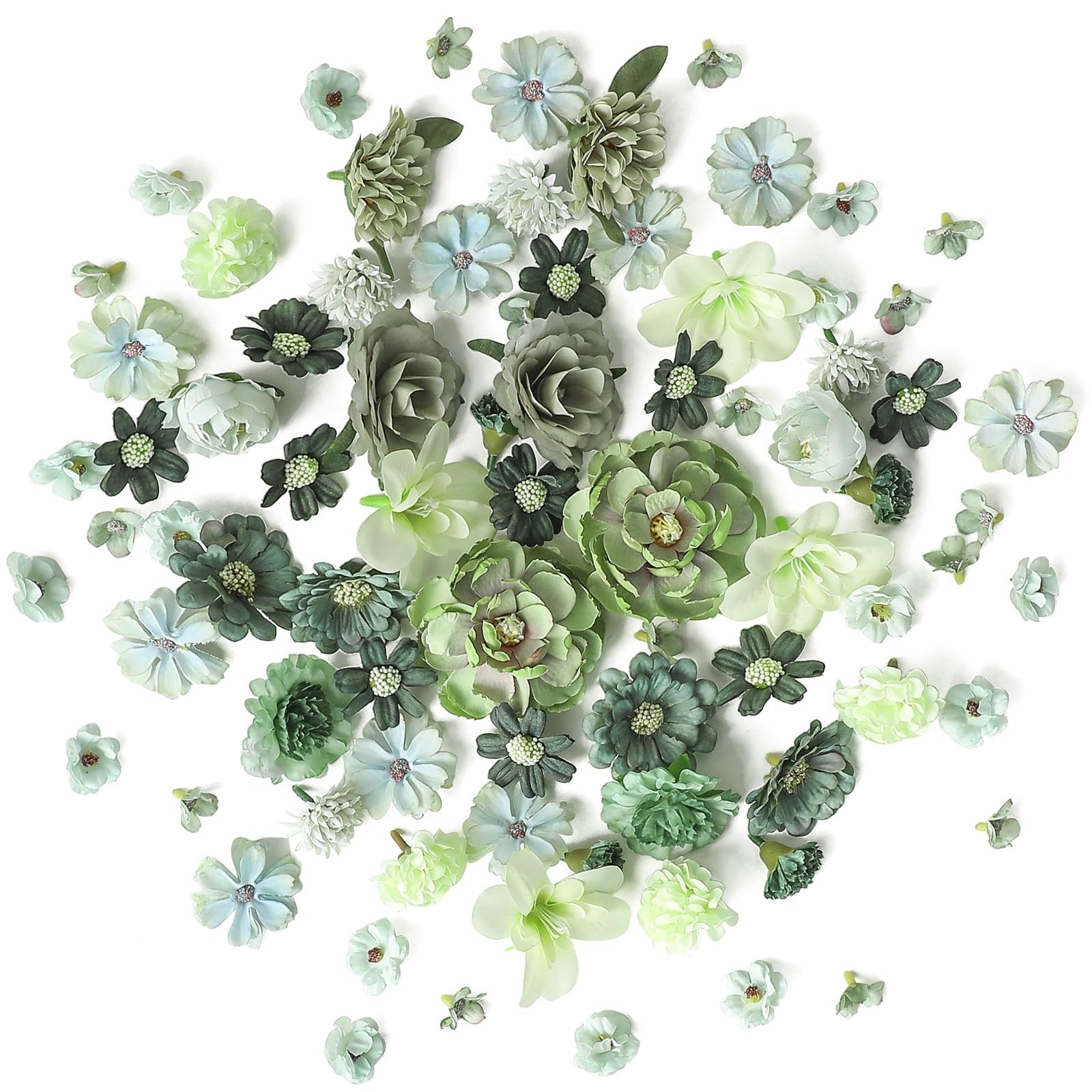 Mini Artificial Flower Heads – Sage & Olive Green Faux Peony Daisy Rose for DIY