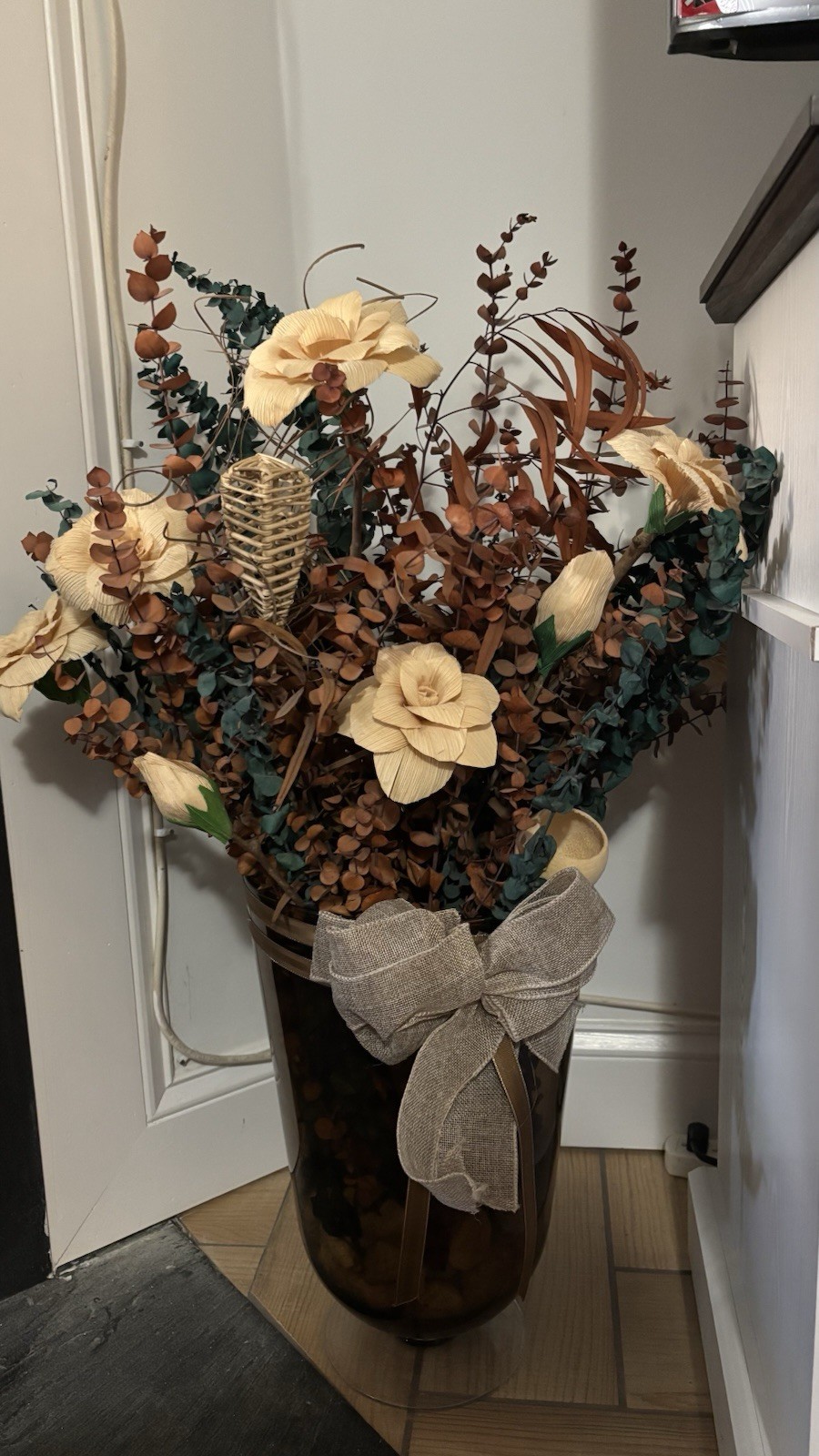Artificial Rose & Eucalyptus Arrangement in Vase – Brown Beige Green Flowers