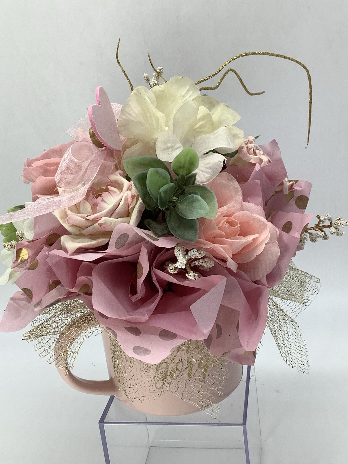 Handmade Valentines Day “Hello Gorgeous” Coffee Mug Pink Gold Floral Arrangement