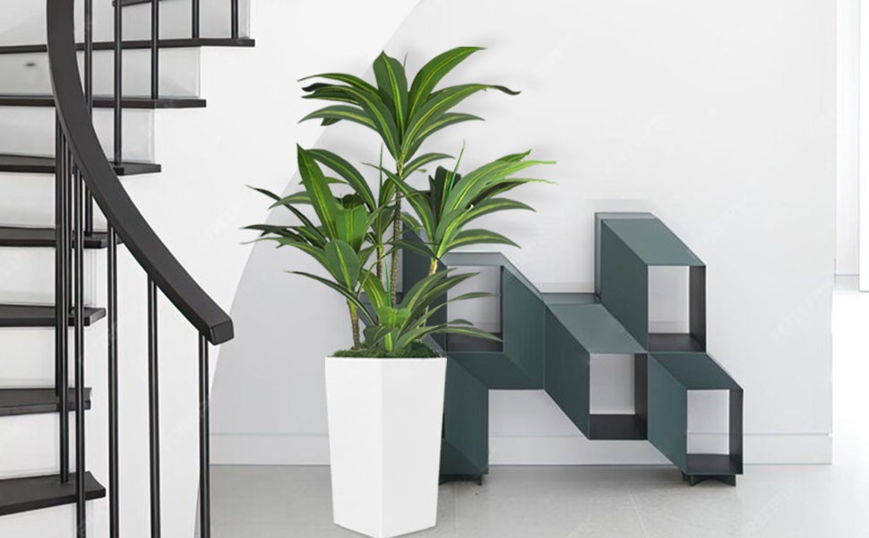 Artificial Dracaena Tree 5FT with WhiteTall Planter,Fake Green Plant with
