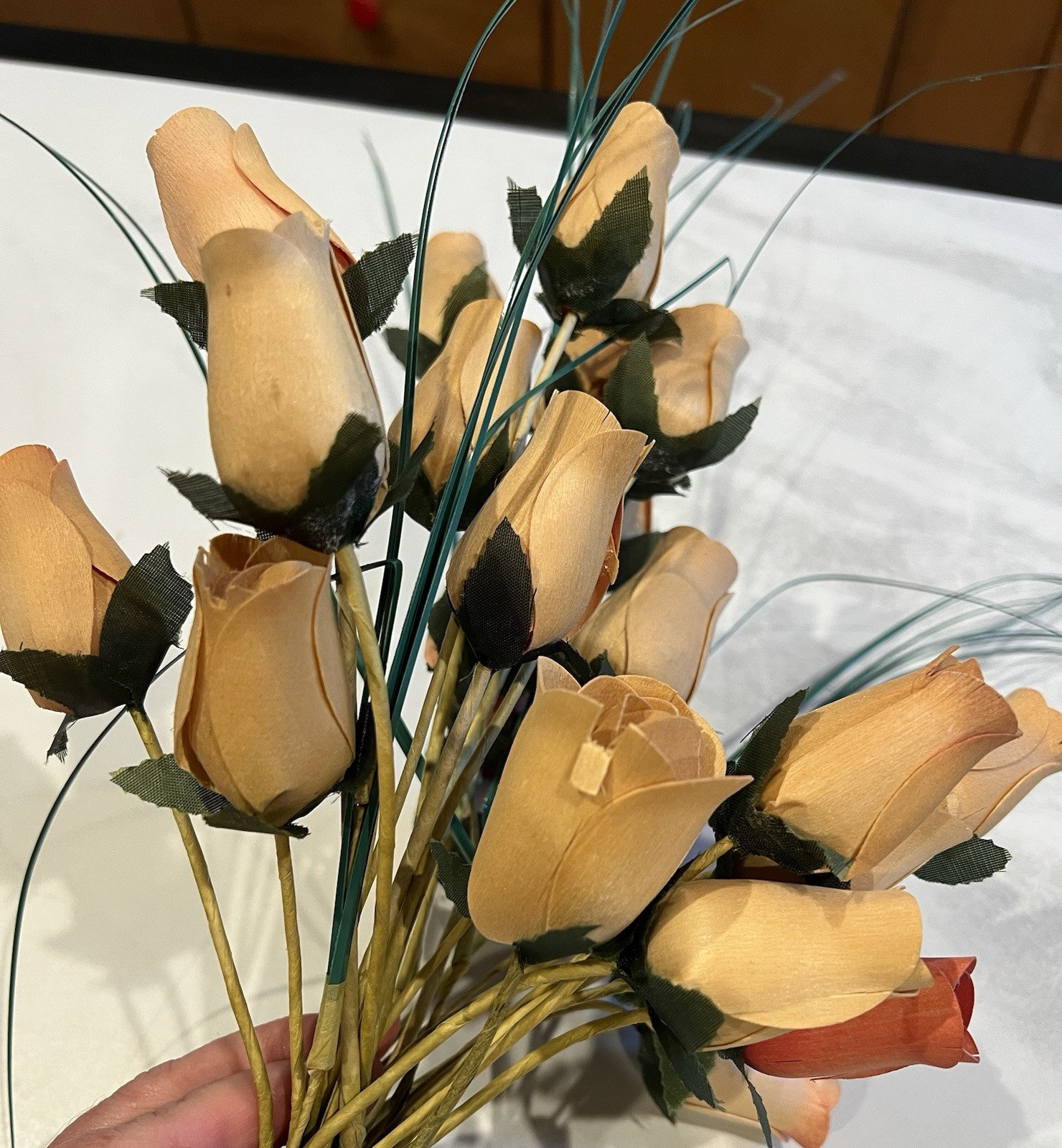 2 dozen Shaved Wood Rose Buds on stems, Cream and Rose Colors