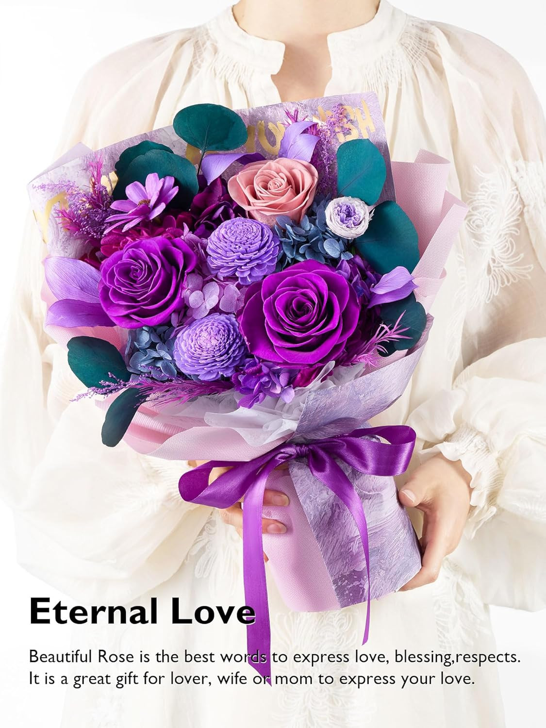 Preserved Roses and Purple Flowers Bouquet for Mother’s Day and Special Occasion