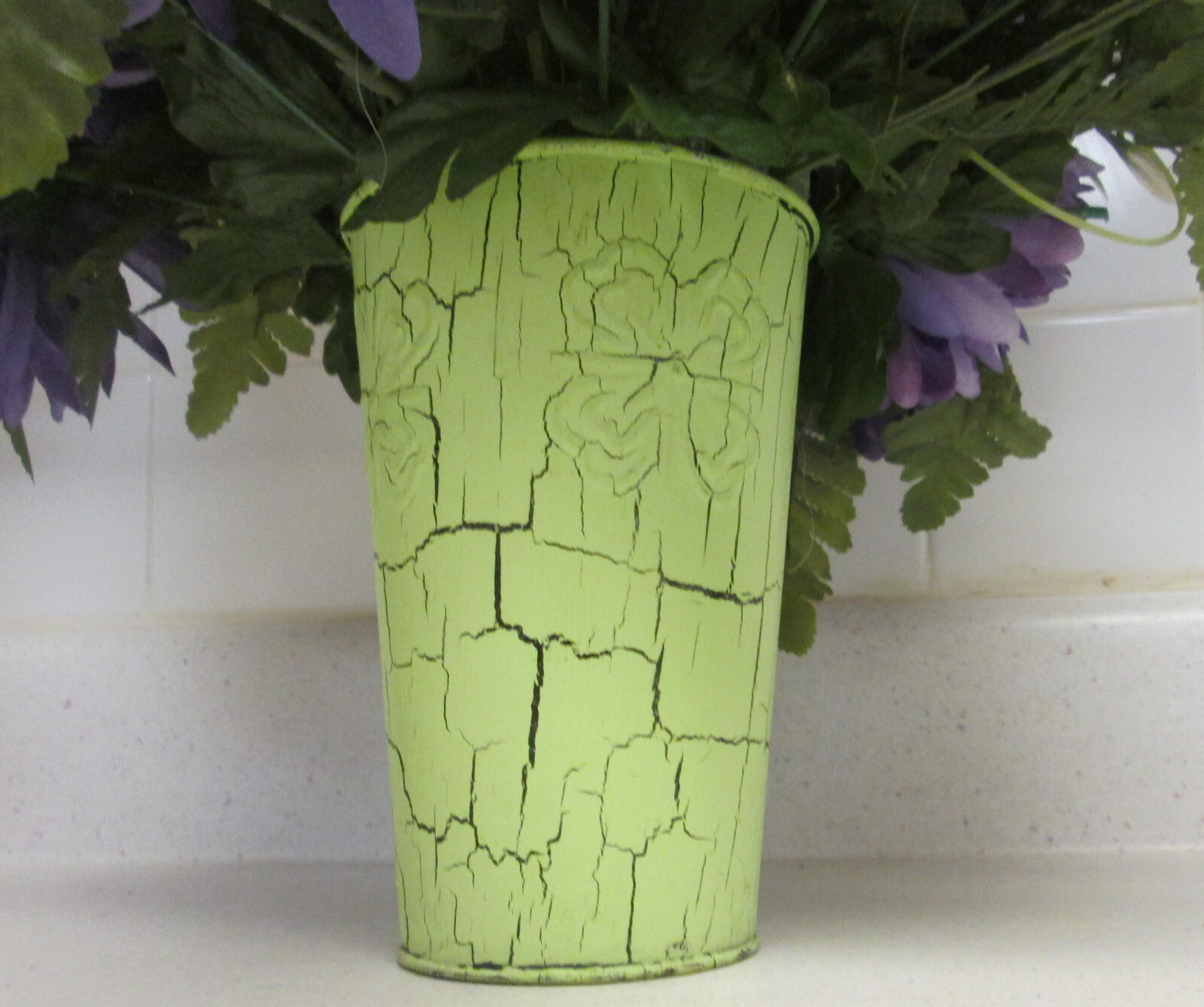 Artificial Planter Pale Green Tin Vase Faux Indoor House Plant