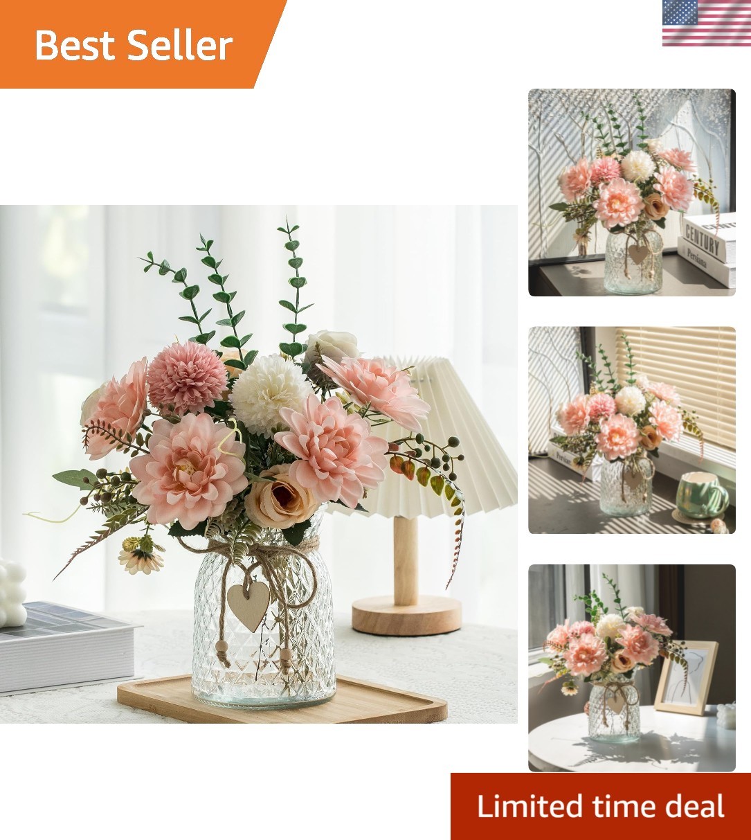 Faux Floral Centerpiece with Pink Dahlia and Eucalyptus – Perfect for Home Decor