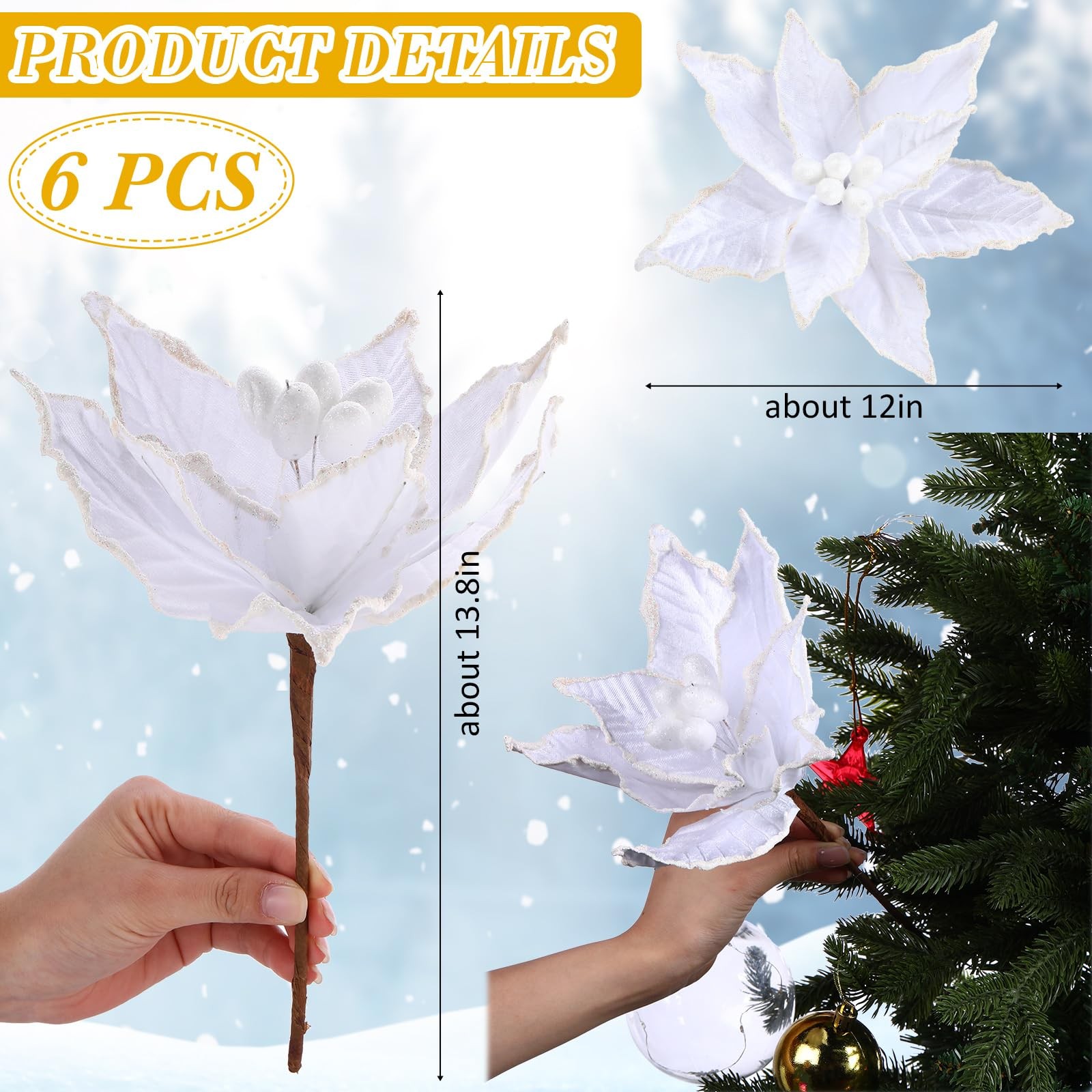 6 PCS White Christmas Poinsettia Flowers Artificial Large Picks Faux Frost Tree