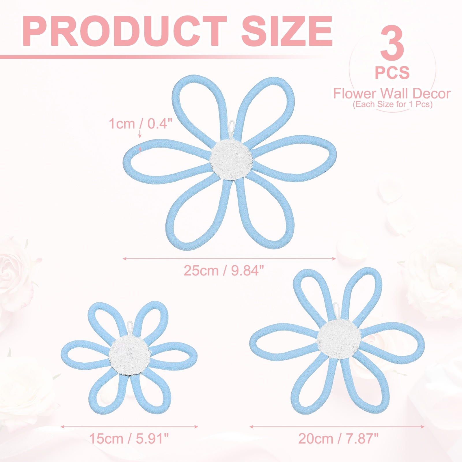 3Pcs Daisies Floral Wall Decor 3 Sizes Flower Art Decor Woven Macrame Blue