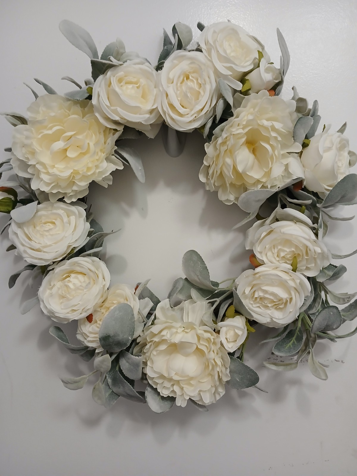 Gorgeous English White Roses & Sage Door Wreath 17″ Flower Elegant Summer Spring