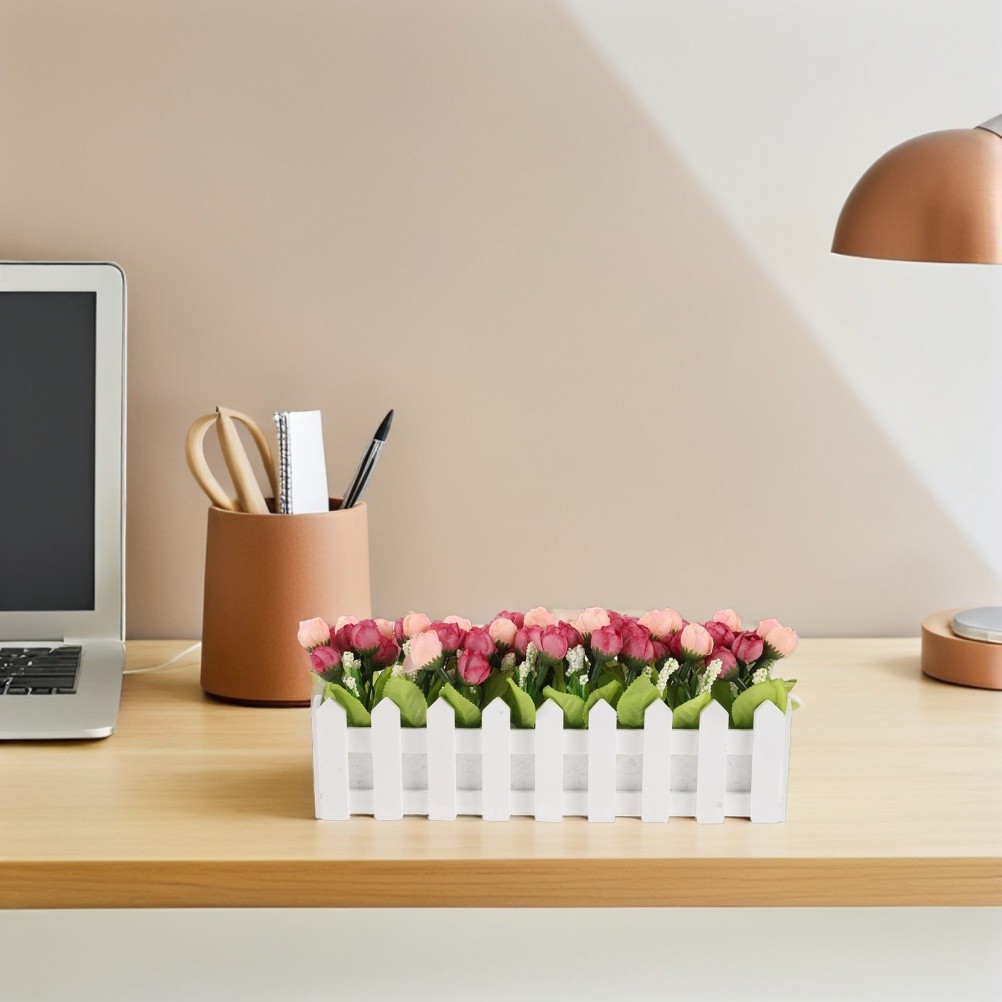 Simulation Flower Bonsai with Fence Rosy Artificial Flower for Home Office Desk