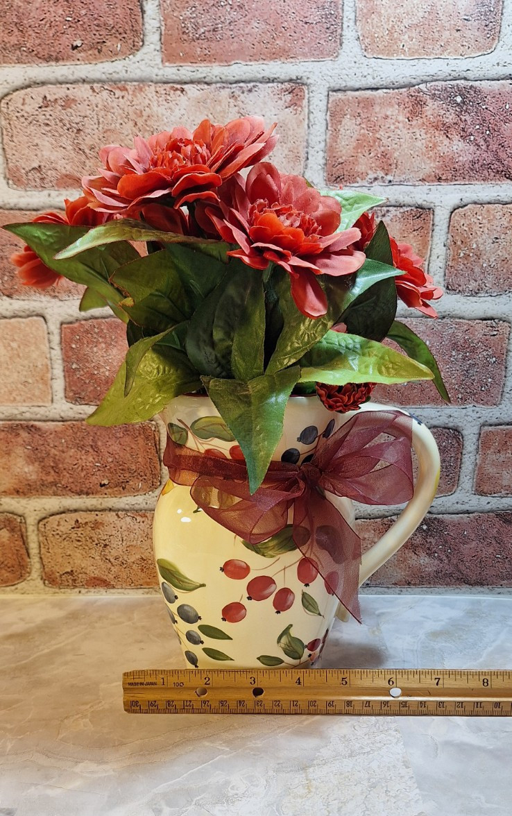 Floral Arrangement Centerpiece with Red Zinnia Faux Flowers in a Grape Vine Vase
