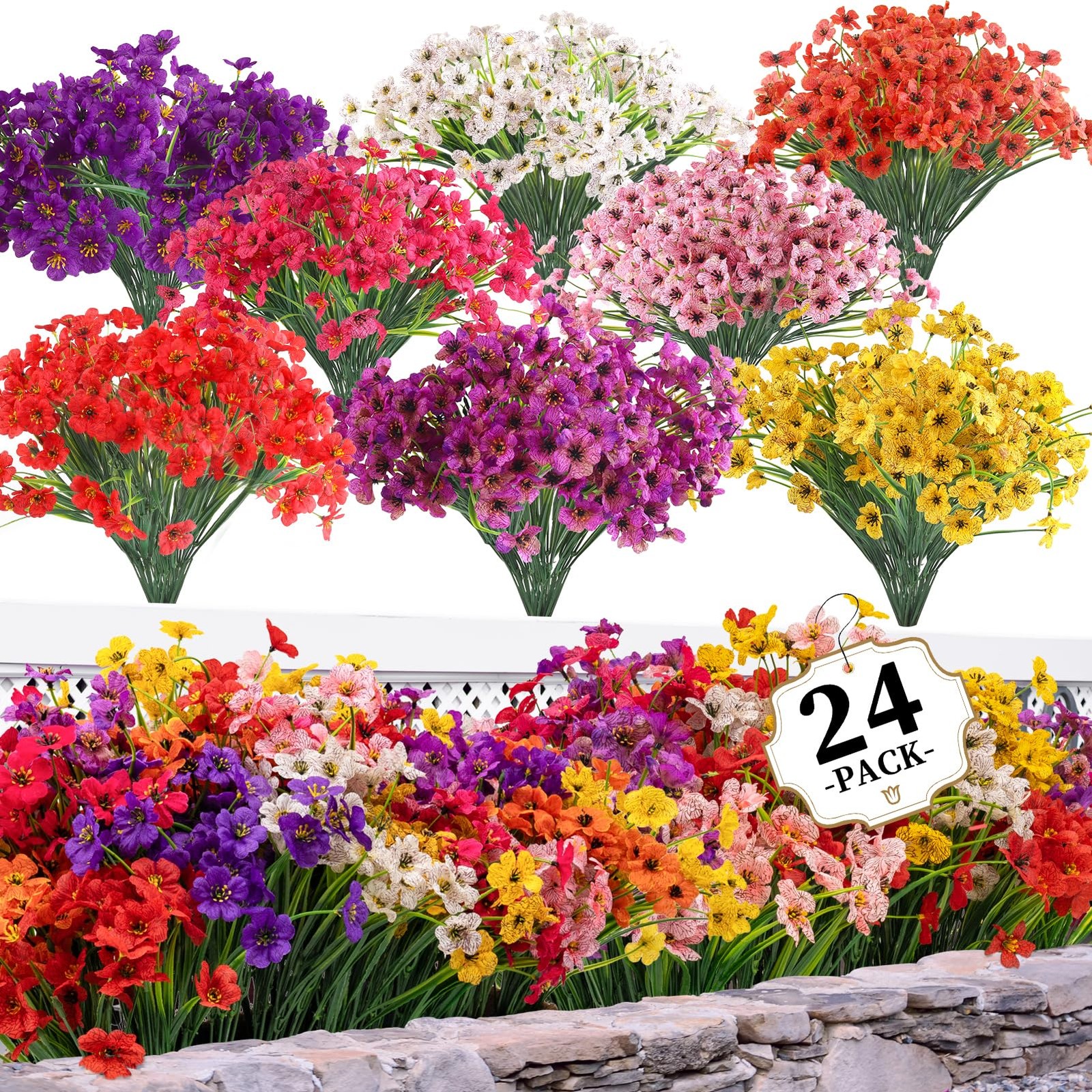 24 Bundles Artificial Flowers for Outdoors/Indoors, Fake Flowers Plants for I…